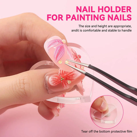 Magnetic Nail Stand Set For Press On Nails Handy Nail Art Display Holder With glossy heart acrylic base and tweezers in use