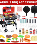 Kids BBQ Grill Playset With Smoke Sound And Lights Two Layer Outdoor Grill Toy with accessories displayed around it.