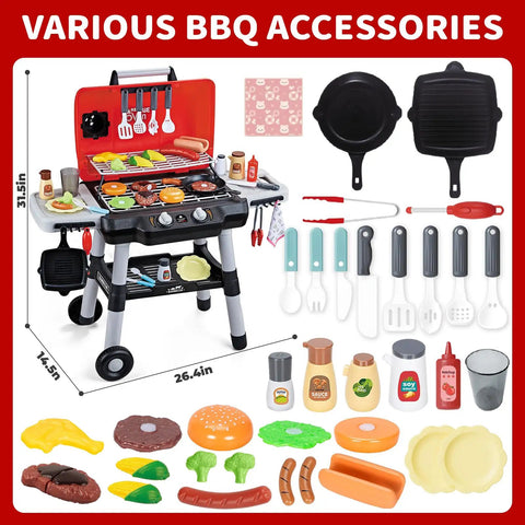 Kids BBQ Grill Playset With Smoke Sound And Lights Two Layer Outdoor Grill Toy with accessories displayed around it.