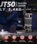 Dual Voltage 50 Amp Plasma Cutter With IGBT Inverter, 110V And 220V, shown cutting metal in a workshop setting.