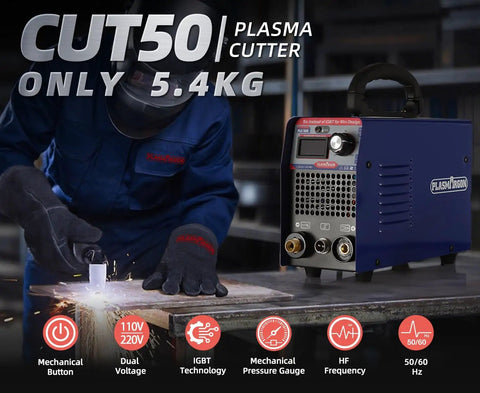 Dual Voltage 50 Amp Plasma Cutter With IGBT Inverter, 110V And 220V, shown cutting metal in a workshop setting.