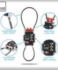 Triple Security TSA Luggage Locks Set For Suitcases Carry Ons And Backpacks 2 Pack with 3-dial combo, steel cable, TSA approved