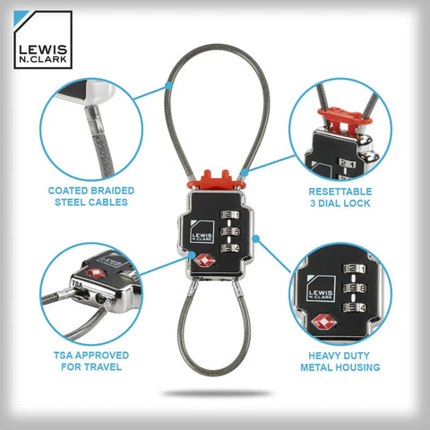 Triple Security TSA Luggage Locks Set For Suitcases Carry Ons And Backpacks 2 Pack with 3-dial combo, steel cable, TSA approved