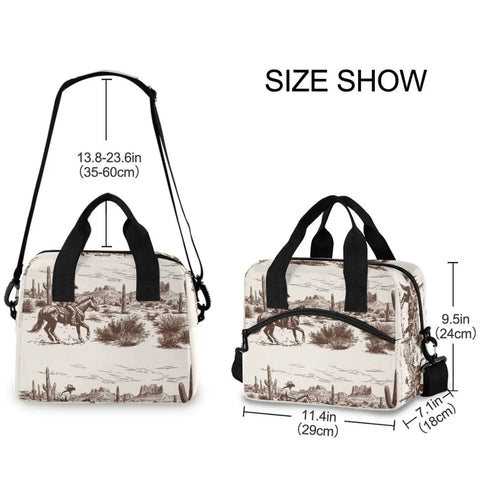 Desert Cowboy Insulated Lunch Bag 10L Leakproof Cooler for Picnic with adjustable straps and desert design, size dimensions shown