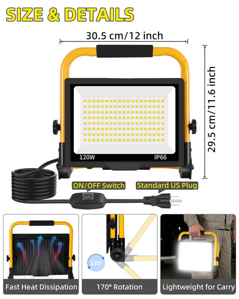 14400 Lumens LED Work Light With 120W Flood Light 16 Ft Cord And Switch, portable stand, IP66 waterproof for job sites