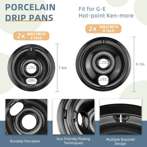 13 Pack Black Porcelain Burner Drip Pan Set For GE Hotpoint Kenmore Electric Ranges, Includes 6 Inch And 8 Inch Drip Pans