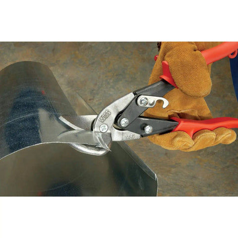 Compound Action Offset Long Cut Aviation Snips cutting through metal sheet by gloved hand, Heavy Duty Twelve And One Eighth Inch Length.