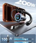Heavy Duty 200W Car Charger With Usb C Fast Charge And Compact Gan Power Featuring Pd 100W Dual Output for fast charging laptops and phones.