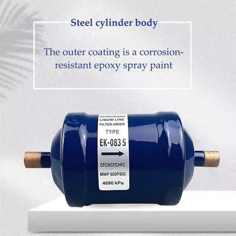 Heavy Duty 3/8 Liquid Line Filter Dryer Steel Sweat Flow Refrigerant Drier For Heat Pumps And Ac Systems R22 R134a Compatible steel cylinder with epoxy coating.