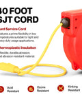 Retractable Extension Cord Reel With 40 Ft 12 AWG SJT Cable showcasing thermoplastic insulation and resistance features.