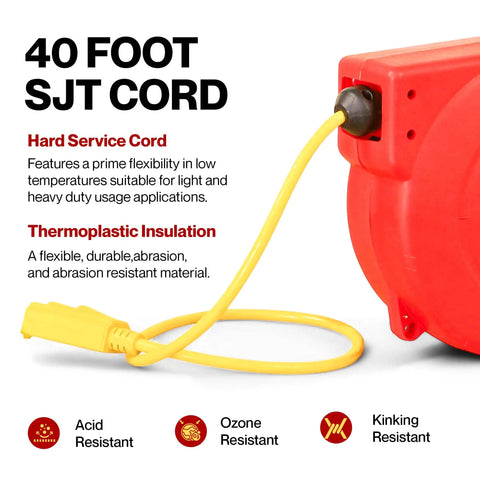 Retractable Extension Cord Reel With 40 Ft 12 AWG SJT Cable showcasing thermoplastic insulation and resistance features.