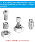 Front view of an eight-piece stainless steel thread adapter set (M8 x 1.25 male to M6 x 1 female) with nuts