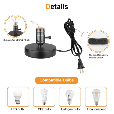 Vintage Metal Table Lamp Base Only Without Shade With Edison Style Exposed Bulb Support E26 E27 Short Desk Lamp For Small Spaces 5.75 Foot Cord On Off Switch Matte Black details showing compatible bulbs and power cord