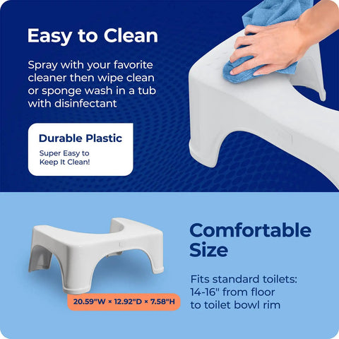 Moonlight 7 Inch Toilet Stool With Motion Activated Night Light For Standard Toilets shown with cleaning instructions
