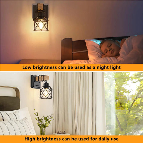 Badass Dimmable Wall Sconces Set Of Two With Rotary Switch And Black Metal Cage With Wooden Post featuring low and high brightness settings.