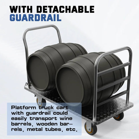 Beefy Flatbed Platform Cart With Detachable Guardrail For Barrels And Heavy Loads, 48 By 24 Inch, 2000 Lbs Capacity, loaded with barrels.