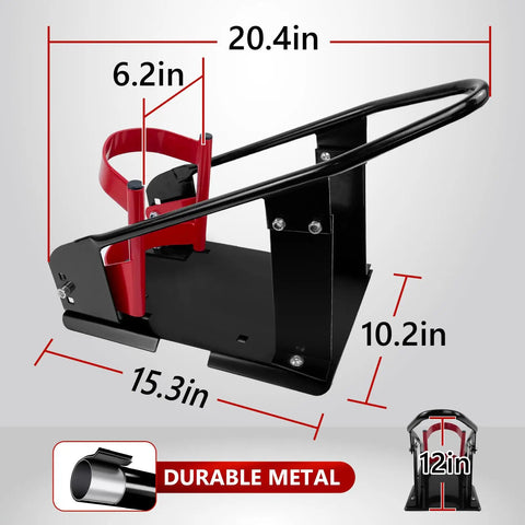 Heavy Duty Steel Motorcycle Wheel Chock With 1800 Lbs Capacity, front view showing dimensions and steel frame