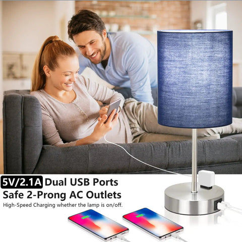 Couple using Bedside Table Lamp Set Of 2 With Touch Control 3 Way Dimmable And Space Saving 2 USB Ports And AC Outlets Blue