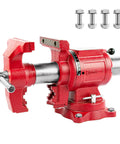 5 Inch Upgraded 360 Degree Positioning Bench Vise With 8800 Lb Clamp, Heavy Duty Ductile Iron Body, 60000 PSI Strength, Blue Powder Coat Finish, Zinc Plated Spare Parts, Precise Jaw And Rock Solid Grip, red swivel base with bolts