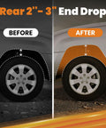Comparison of truck's rear wheel before and after 2-3 inch lowering with 2 To 3 Inch Adjustable Lowering Shackle Kit For Silverado 1500 And Sierra 1500 Trucks Rear Drop Shackles