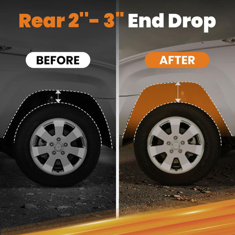 Comparison of truck's rear wheel before and after 2-3 inch lowering with 2 To 3 Inch Adjustable Lowering Shackle Kit For Silverado 1500 And Sierra 1500 Trucks Rear Drop Shackles