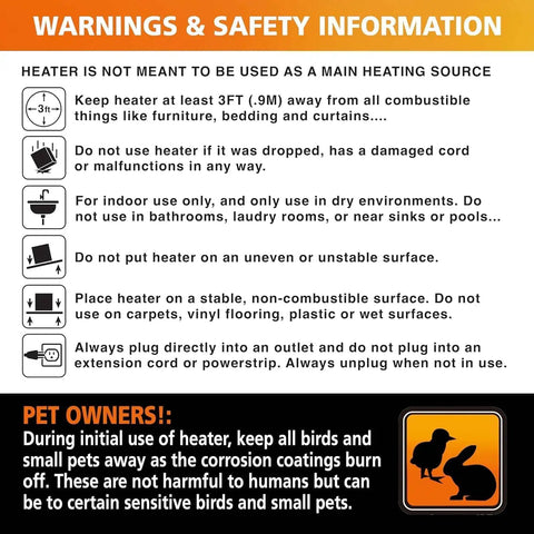 Warnings and safety information for the Ceiling Mounted 1500W Infrared Quartz Radiant Heater with pet safety notice.