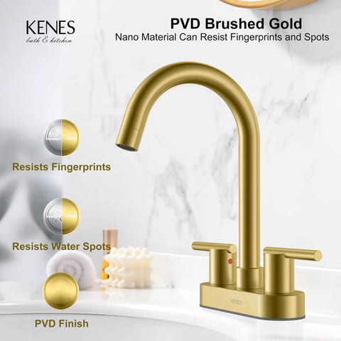 Brushed Gold Centerset Bathroom Faucet 4 Inch 2 Handle 3 Hole Sink Faucet With Pop Up Drain shown in PVD finish
