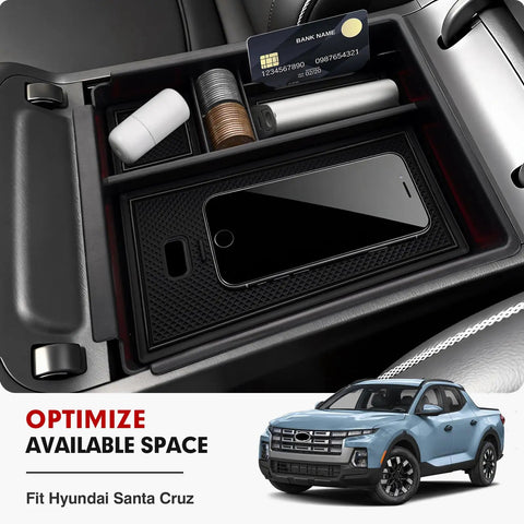 Center Console Organizer For Hyundai Santa Cruz 2022 2026 with phone and card storage inside armrest