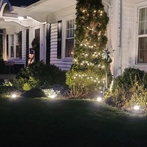 12 Pack Low Voltage LED Pathway Lights illuminating landscape with IP65 waterproof cast aluminum near house at night