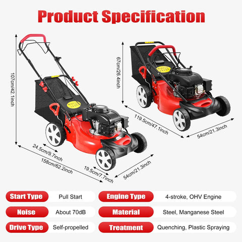 20 Inch Self Propelled Gas Push Lawn Mower With Bagger 140cc 4 Stroke Engine Delivers Smooth Cut 2800 RPM Walk Behind Yard Care Machine 8 Position Height Adjustment Easy Start Heavy Duty Grass Cutter, steel frame