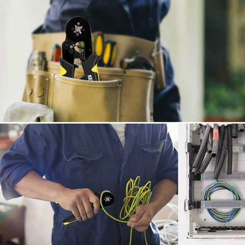 Ferrule Crimping Tool Kit With Self Adjustable Ratchet Pliers For AWG 23 To 7 1250 Insulated Wire Terminals in use by technician