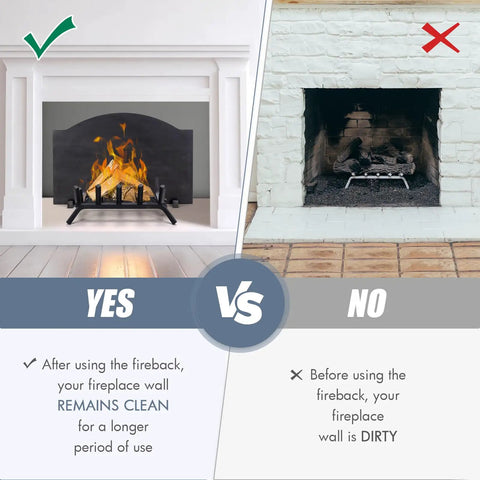 Comparison of clean fireplace with 26 Inch Iron Fireback With Feet For Fireplace Wall Protection And Heat Reflection versus a dirty fireplace.