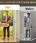 Before and after comparison of a door with and without a 6 Pack Magnetic Door Stopper Stainless Steel Door Holder For Wall Or Floor Mounting With Screws Keeps Doors Open And Prevents Slams, Heavy Duty Magnetic Stop For Various Door Types.