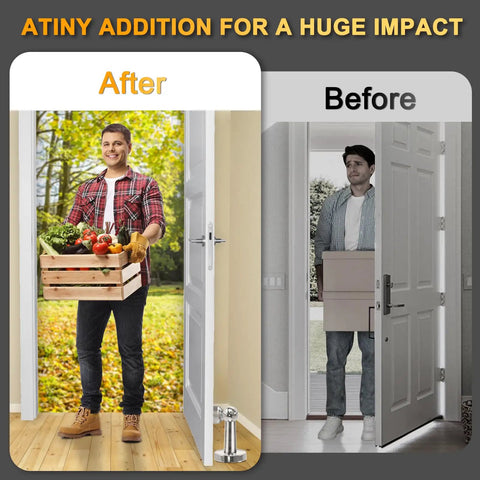 Before and after comparison of a door with and without a 6 Pack Magnetic Door Stopper Stainless Steel Door Holder For Wall Or Floor Mounting With Screws Keeps Doors Open And Prevents Slams, Heavy Duty Magnetic Stop For Various Door Types.