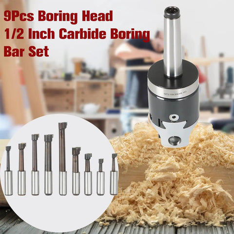 Nine Piece One Half Inch Carbide Boring Bar Set With MT2 Handle And Three Eighths Inch Sixteen Thread Two Inch Boring Bars
