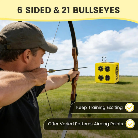 Archer using Six Sided Waterproof Archery Target Block for 70 Lb Bows Portable Compound Bow Target with handle outdoors