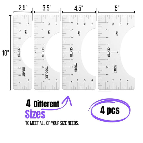 T Shirt Alignment Ruler Kit For Vinyl Designs 4 Piece PVC Ruler Set For Centering Graphics On T Shirts Heat Press Accessories Includes Adult Youth Toddler And Infant Sizes Durable Reusable.
