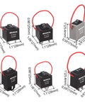 Plug And Play Fuel Pump Relay Bypass Kit With Six Relay Tester Modules, dimensions and wire loops visible, 9038A Wire Version