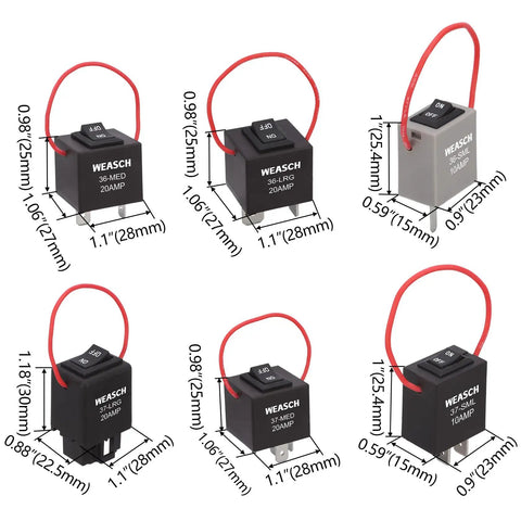 Plug And Play Fuel Pump Relay Bypass Kit With Six Relay Tester Modules, dimensions and wire loops visible, 9038A Wire Version