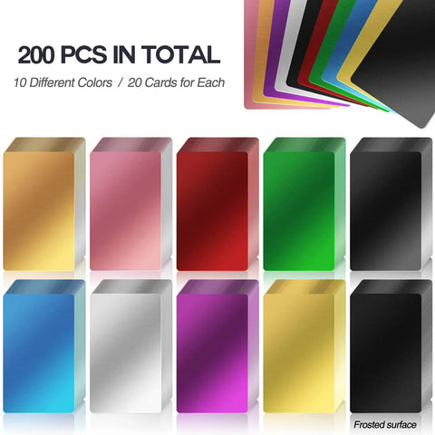 Colorful Aluminum Metal Business Card Blanks Pack Of 200 For Laser Engraving in 10 vibrant colors, front view of cards