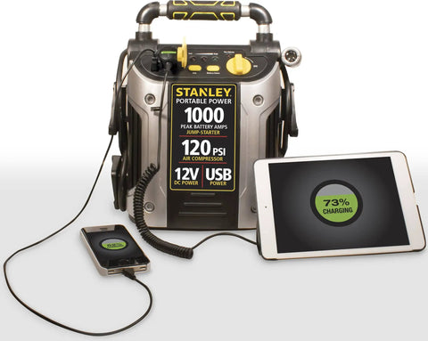 1000 Peak Amp Jump Starter With USB Power And 12V Outlet Portable Car Battery Booster On The Go With 120 PSI Tire Inflator with devices.