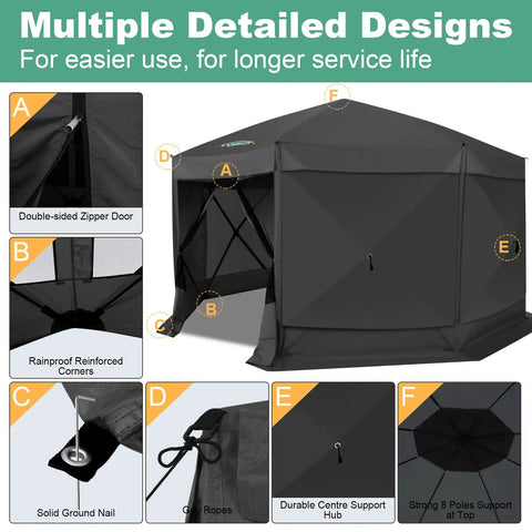 Pop Up Gazebo 15 By 15 Foot Canopy Tent With Sidewalls Screened In For Outdoor Parties And Camping, Easy No Tool Setup, Portable Backyard Shelter, Fits 12 To 15 People, Black.