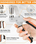 All In One 700 Set Grommet Kit with magnetic pliers, stainless steel body, anti-slip rubber grip, and magnetic dies for 10mm holes