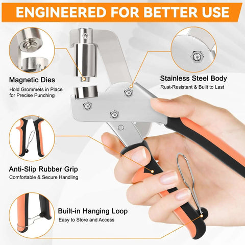 All In One 700 Set Grommet Kit with magnetic pliers, stainless steel body, anti-slip rubber grip, and magnetic dies for 10mm holes