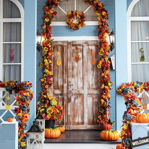 DIY Dream Catcher Kit For Beginners 24 Piece Colorful Mini Ornament Making Set hanging at a fall-themed decorated front porch.