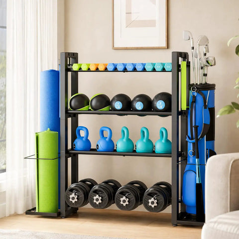 Heavy Duty Four Tier Dumbbell Rack With Dedicated Yoga Mat Holder And Straight Fire Home Gym Weight Storage Organizer For Kettlebells Rollers And Bands