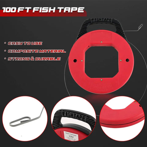 NATGAI 100FT Fish Tape Hand Wire Puller, 1/8 Inch Wide By 1/16 Thick, red composite tape with handle for easy wire pulling.
