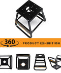 Heavy Duty Motorcycle Stand for Dirt Bikes and Off Road MX Rides Built Tough Universal Fit Powder Coated Steel Non Slip Maintenance Stand for Dirt Bike Servicing and Repairs Black Finish, shown in multiple angles including top, side, and bottom views, showcasing its sturdy construction and black finish.