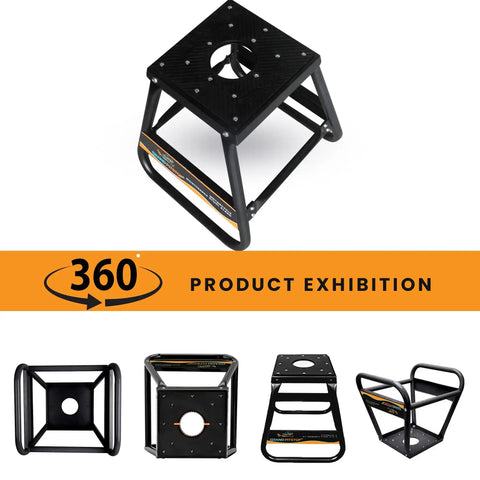 Heavy Duty Motorcycle Stand for Dirt Bikes and Off Road MX Rides Built Tough Universal Fit Powder Coated Steel Non Slip Maintenance Stand for Dirt Bike Servicing and Repairs Black Finish, shown in multiple angles including top, side, and bottom views, showcasing its sturdy construction and black finish.