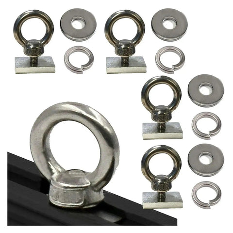 Heavy Duty Stainless Steel Eye Bolt Tie Down Anchor Kit with four M8 eye bolts, slot nuts, washers, and spring washers for 500kg
